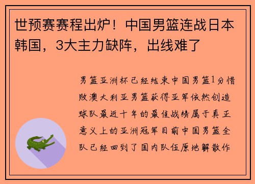 世预赛赛程出炉！中国男篮连战日本韩国，3大主力缺阵，出线难了