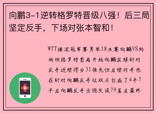 向鹏3-1逆转格罗特晋级八强！后三局坚定反手，下场对张本智和！